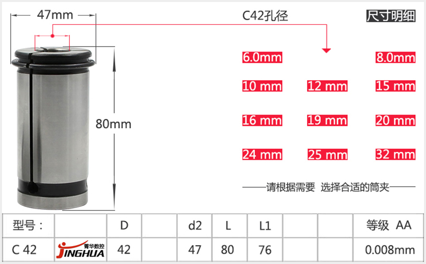 强力筒夹C42规格参数表